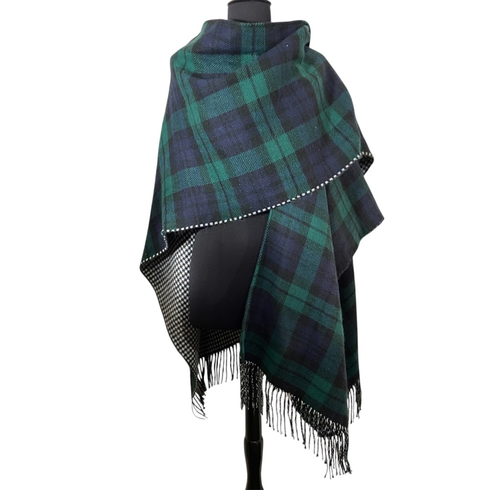 NEW APT. 9 Reversible Ruana Wrap Black Green Plaid Houndstooth Fringe NWT One S